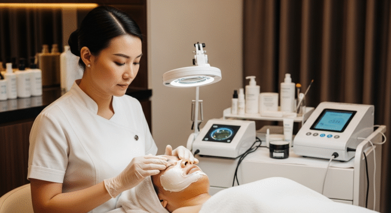 an Asian-Singaporean esthetician performing a multi-step facial treatment on an Asian-Singaporean client, showing the comprehensive process: skin analysis with magnifying lamp, deep cleansing, applying exfoliant, massage technique, and hydrating mask application.