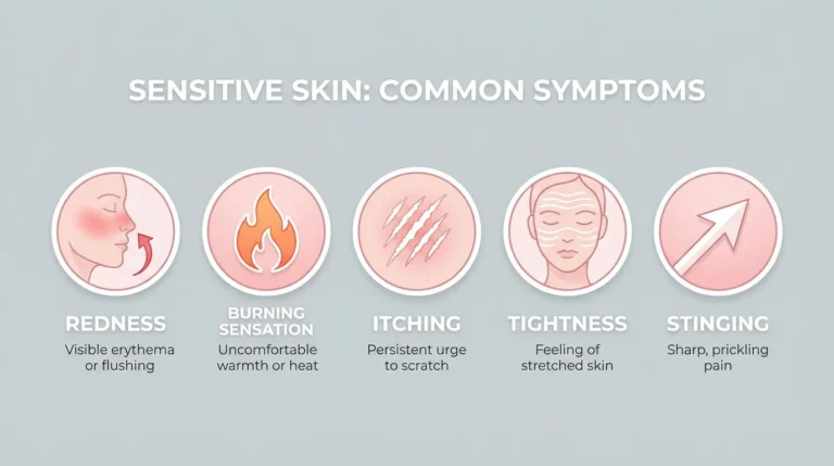 Common symptoms of sensitive skin including redness, burning, itching, tightness and stinging.