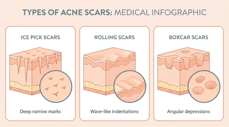 Medical diagram showing three types of acne scars: ice pick, rolling, and boxcar scars